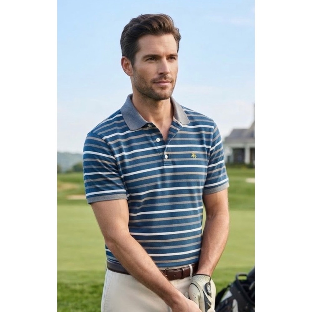 Brooks Brothers 1818 Men Blue Striped Slim Fit Cotton Pique Polo Shirt L